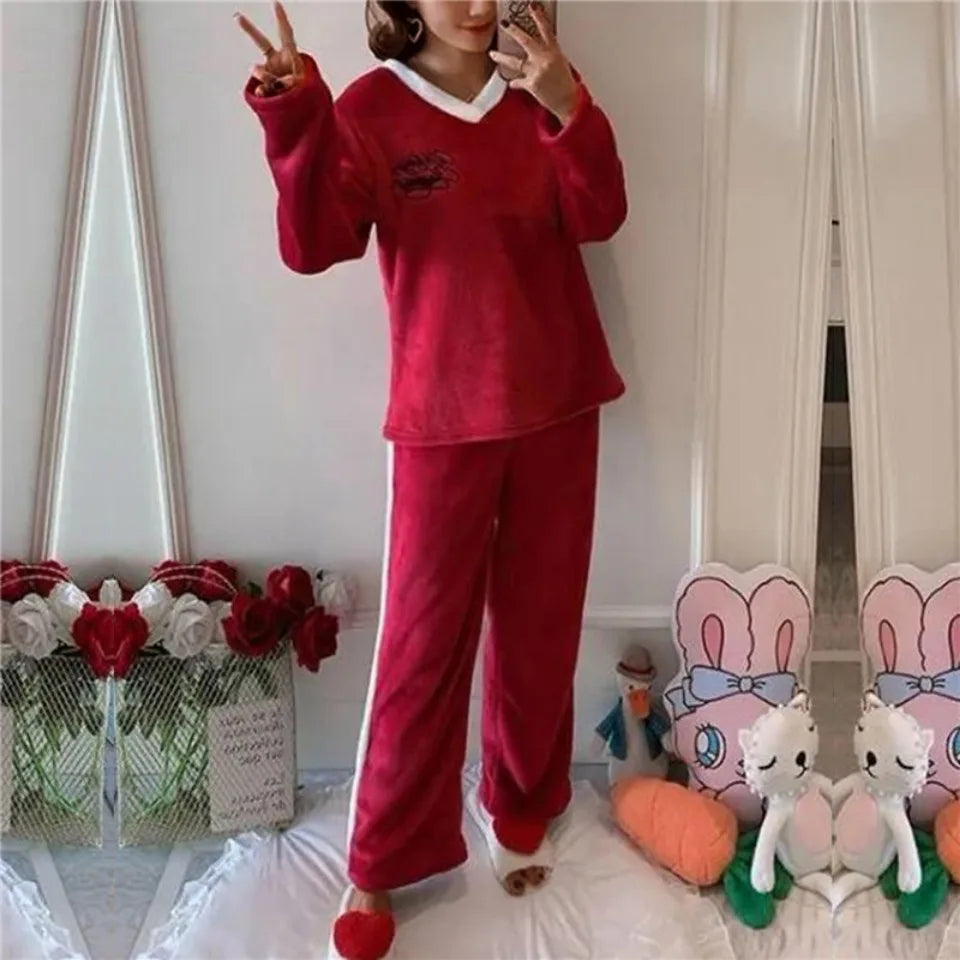Autumn Winter Flannel Women's Pajamas Sets Polka Dots Printed Teddy Sleepwear Velvet Homewear Kawaii Girsl Pijamas Mujer Pyjama