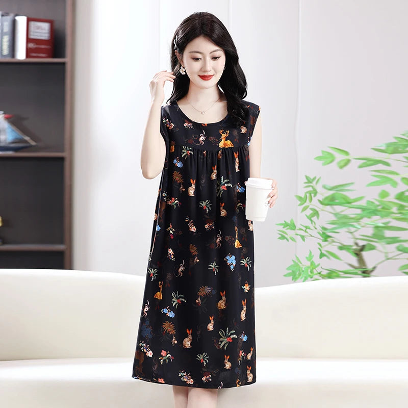 2025 New Women's Spwear Cotton Silk Nightgown round Ne Mid-Length Svel Dr Artificial Cotton Home Clothes
