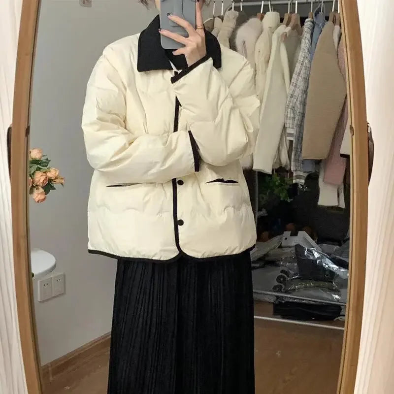 Women Casual Down Coats Korean Fashion Cotton Padded Jacket Female Autumn Winter Long Sleeve Single Breasted Warm Solid Coat