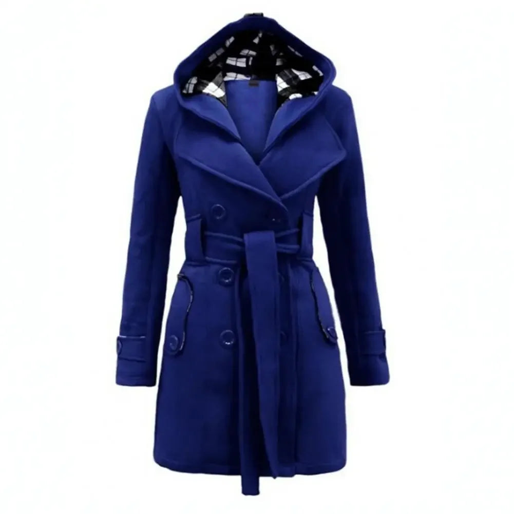 British Style Women Woolen Coat with Belt 2025 Double-Breasted Winter Coat Women's Jacket Double Neckline Plaid Hooded Overcoat