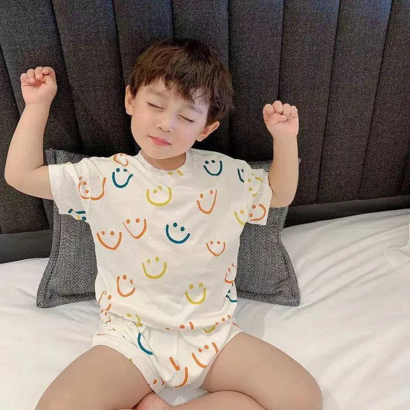 Summer Home Clothes Air-conditioned Clothes Boys and Girls Ice Silk Fabric Loose Short Sleeved Shorts Two-piece Set of Pajamas