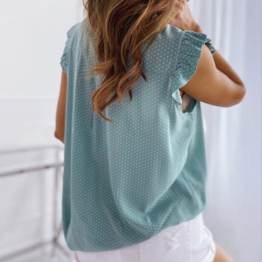Women Blouses Butterfly Short Sleeves Shirt Summer Bow Lace Up Polka Dot Female Tops Ruffle Pullover Vintage Blusa