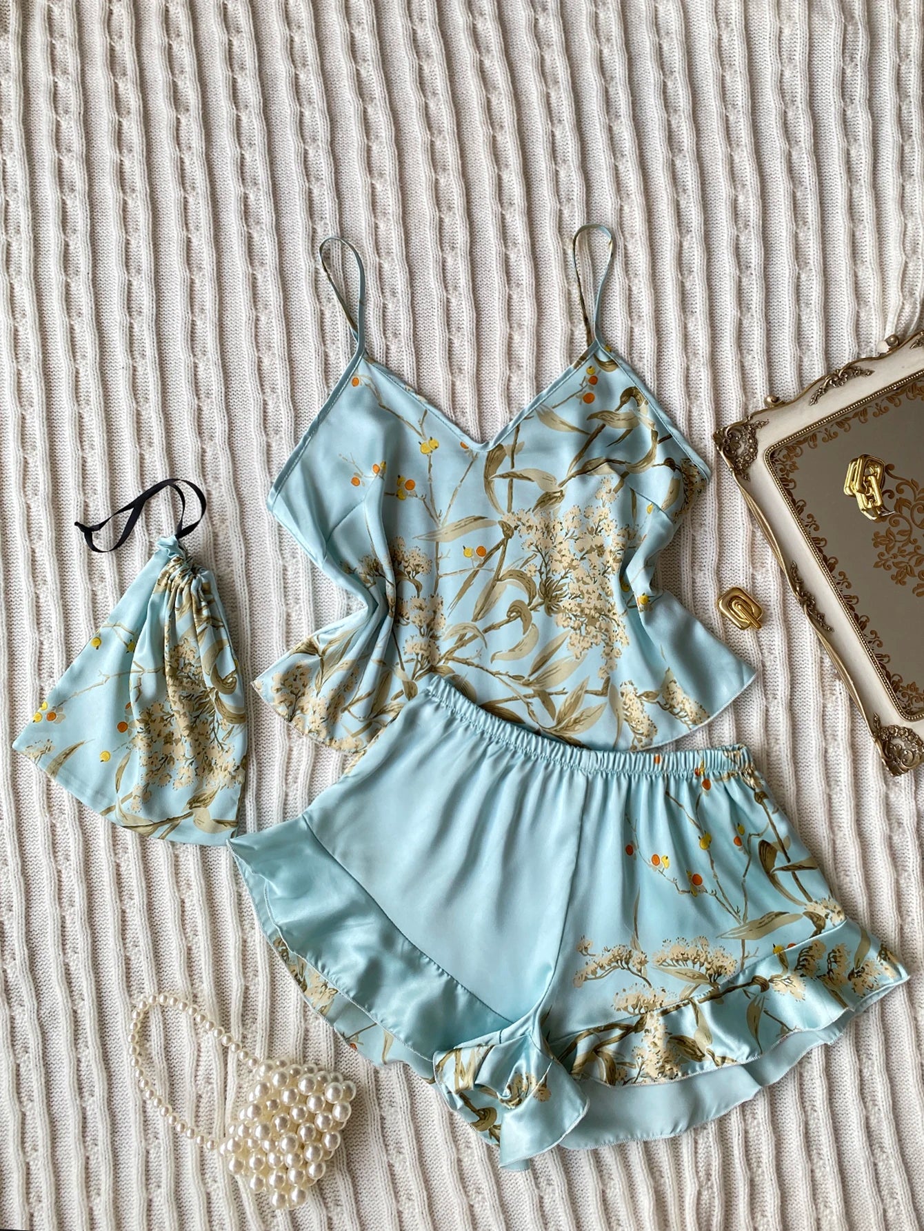 Elegant Floral Print Cami Tops Ruffle Hem Shorts Pajama Set Women's Sleepwear Loungewear
