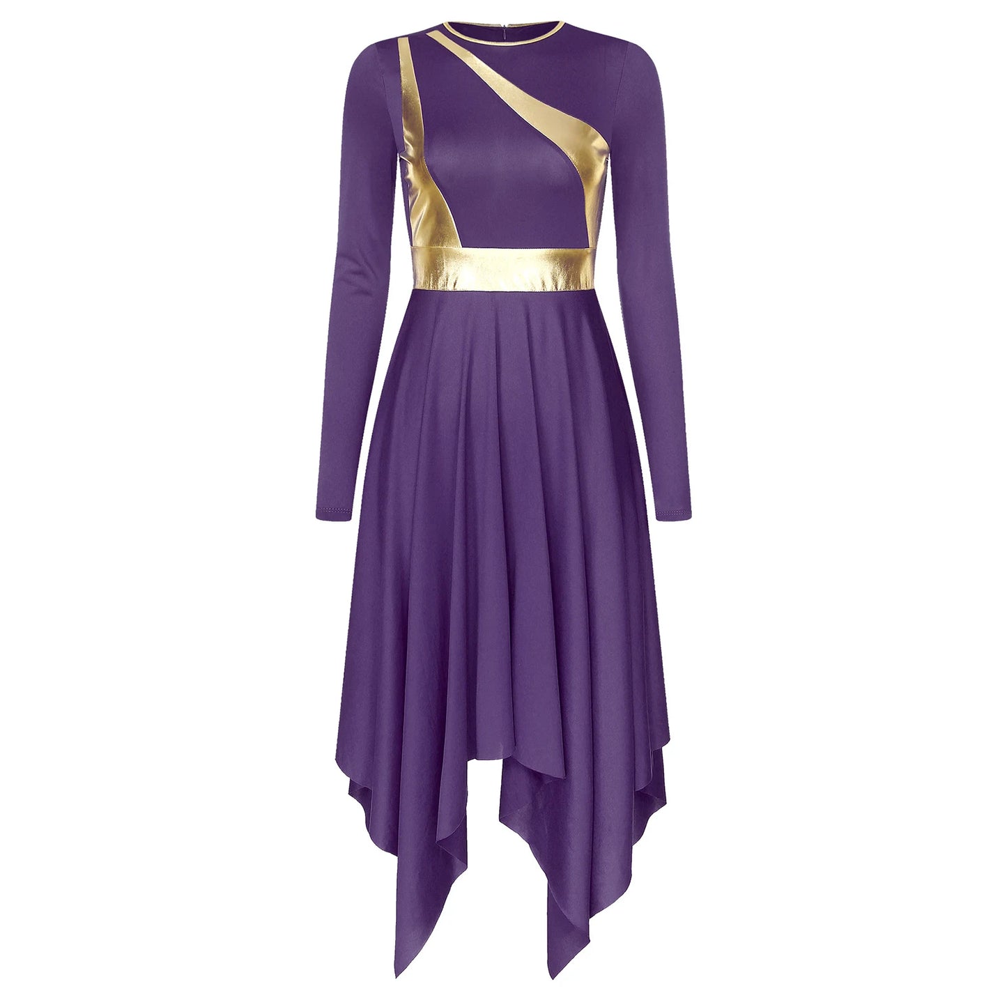 Women Church Choir Worship Liturgical Dress Modern Lyrical Dance Waltz Stage Performance Costume Long Sleeve Metallic Shiny Gown