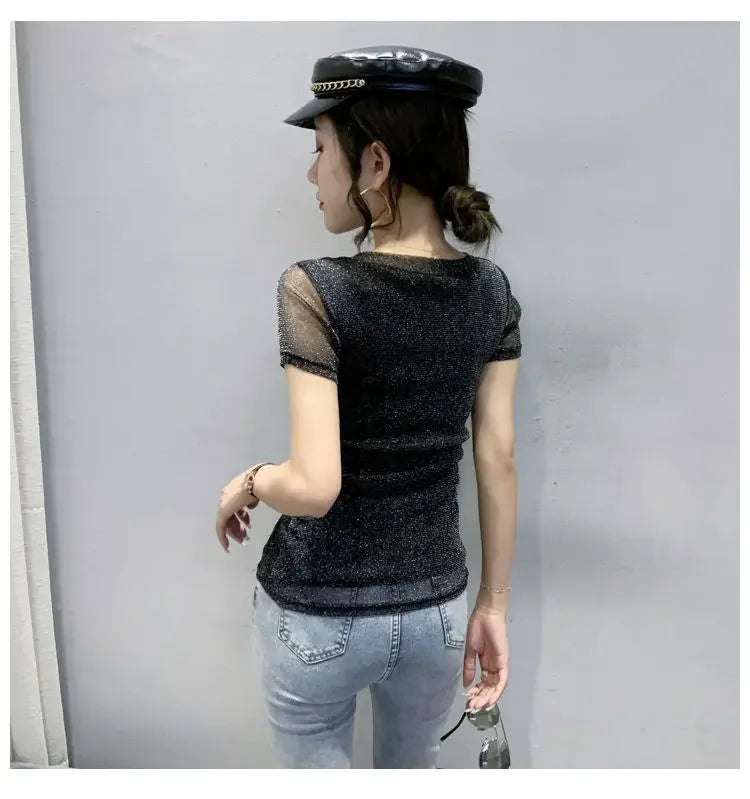 Summer Women Clothing 2025 New Half-sleeved Fashionable Short-sleeved T-shirt Hollow Mesh Top Lace Pullover