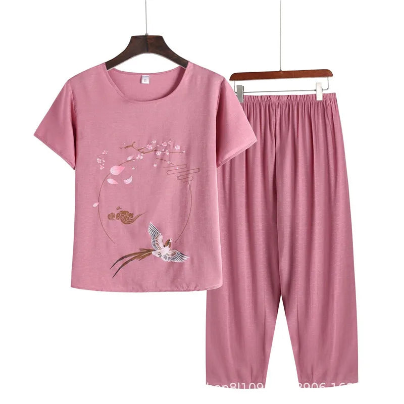 Pyjama Pour Femme Casual Cotton Linen Sleepwear Set Vintage Printed Middle Aged Mother Short Sleeve Pajamas Women Home Suit