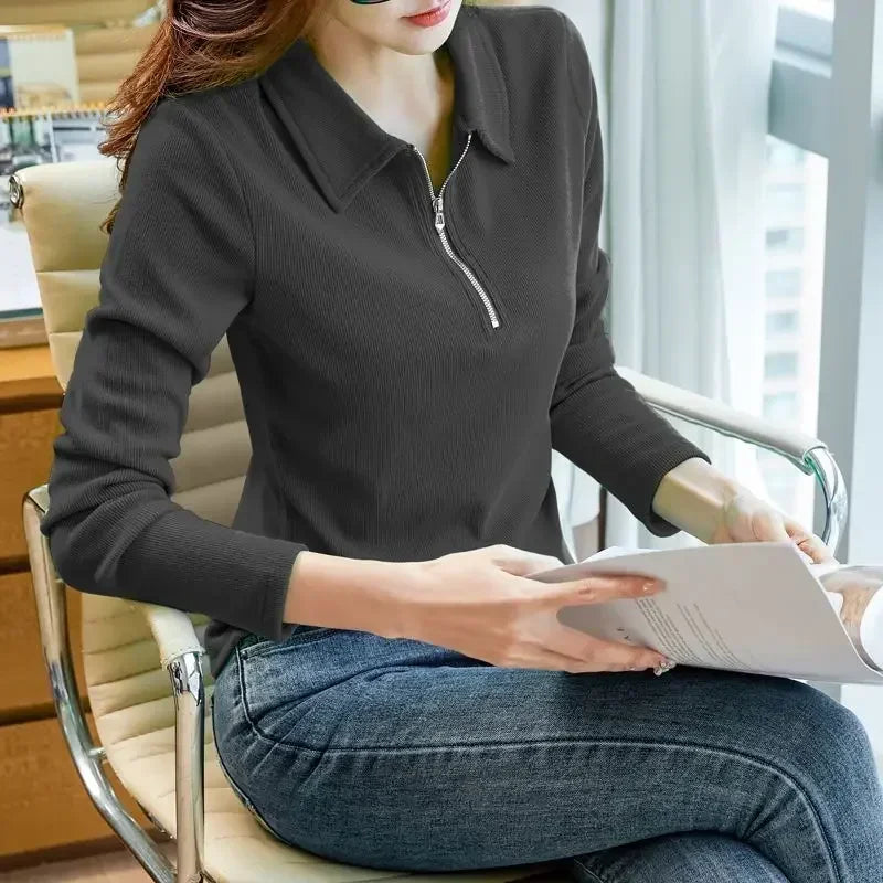 Polo Neck T Shirt for Women Long Sleeve Woman Tshirt Autumn Winter Slim Shirts Youthful Elegant Clothing Trend 2025 Polyester In