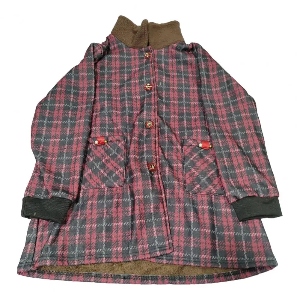 Women Plaid Coat Checkered Winter Mother Jacket Pockets Turn-down Collar Single-breasted Mid Length Overcoat Mid-aged Women Coat