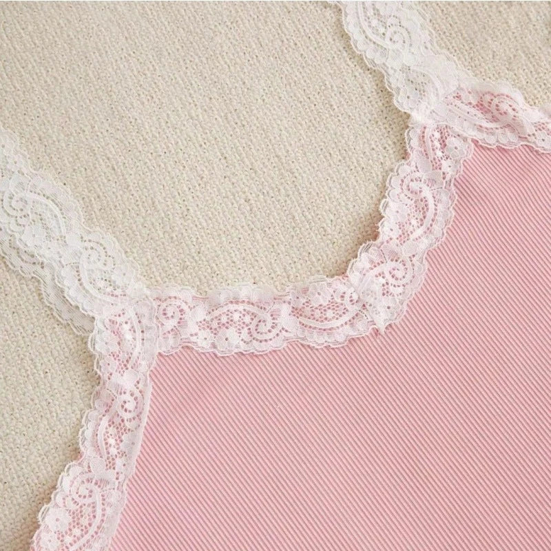 Women's Pink Cami Pajama Set Floral Print Wide Leg Pants Lace Trim Ribbed Sleepwear Soft Comfortable Pj Set New Trendy Fashion