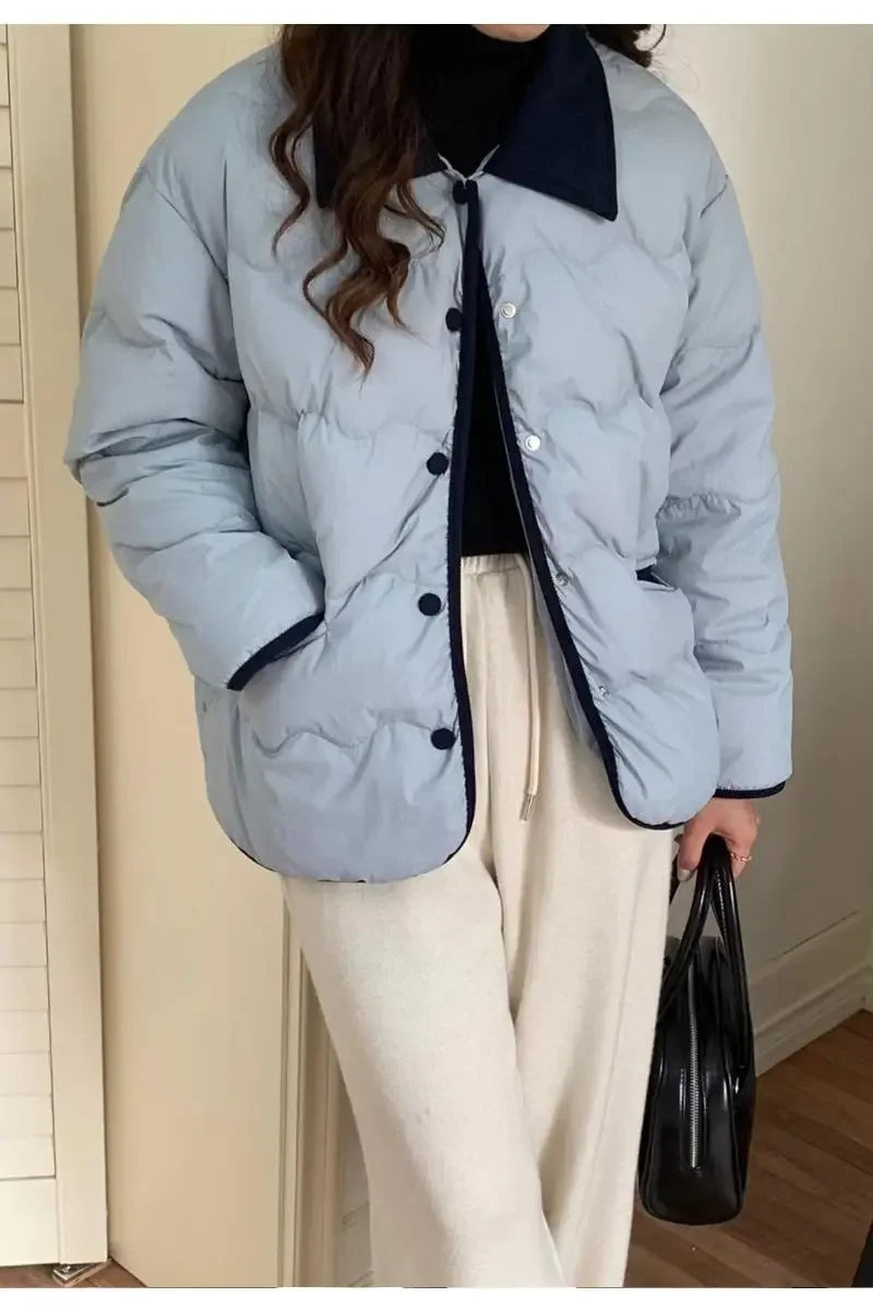 Women Casual Down Coats Korean Fashion Cotton Padded Jacket Female Autumn Winter Long Sleeve Single Breasted Warm Solid Coat