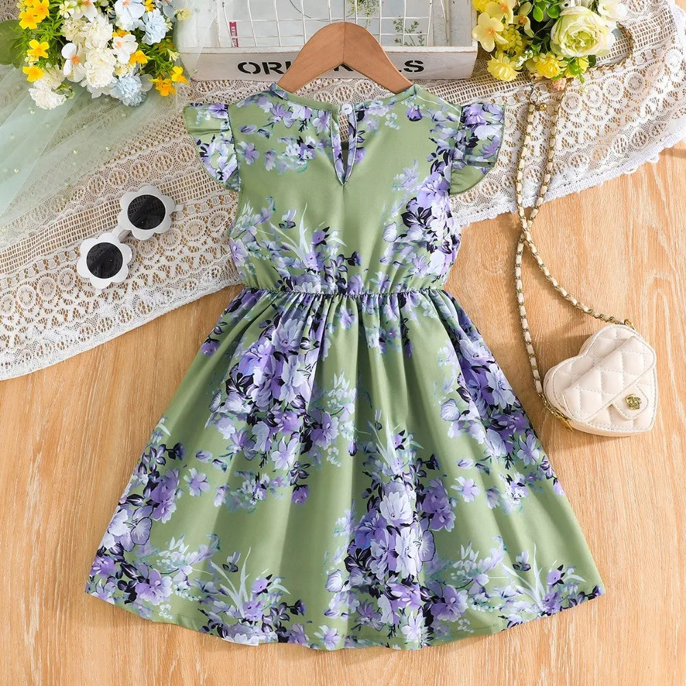 Girls' Dress, Full Flower Print Dress,O-neck Casual Dress, Waist Dress with Bow Decoration, Suitable for Girls' Dresses Aged 2-7