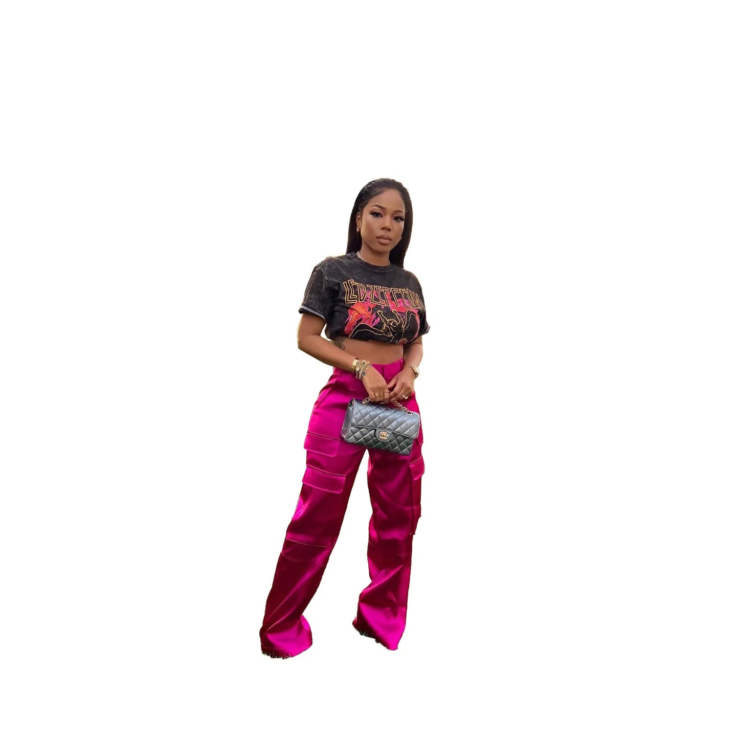 Women Pants Spring Summer Casual Satin Stretch High Waist Cargo Pants With Pocket Streetwear Solid Wide Leg Pants Flare Trouser