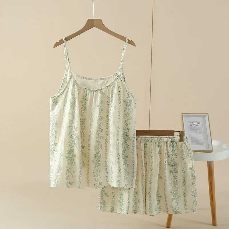 100% Cotton Women's Pajama Set Woman 2 Pieces Spaghetti Strap Sleepwear Women Floral Print Pajama Strap