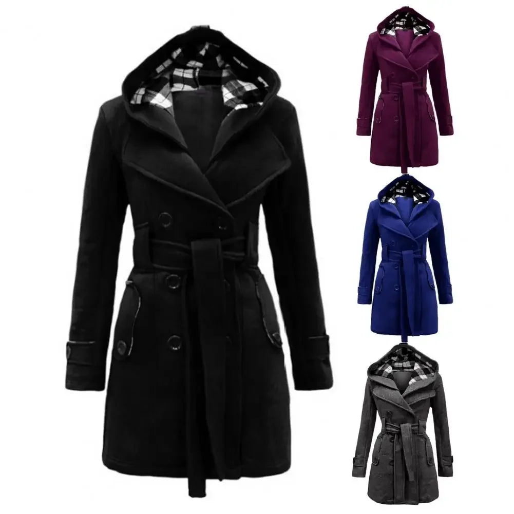 British Style Women Woolen Coat with Belt 2025 Double-Breasted Winter Coat Women's Jacket Double Neckline Plaid Hooded Overcoat