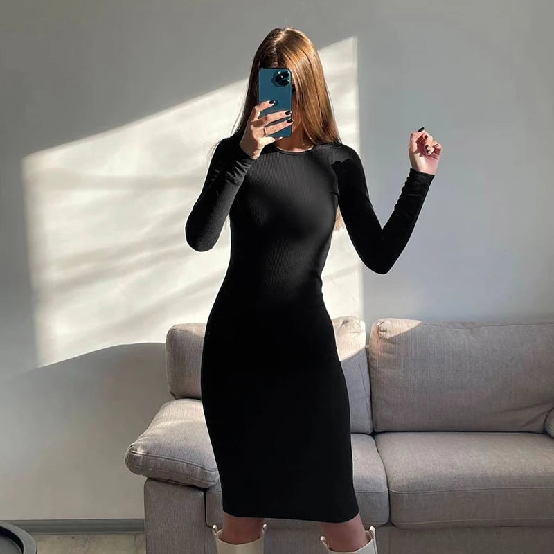 Autumn Winter Women's Dresses New Fashion Casual Slim O-Neck Long Sleeves Elegant Maxi Dresses Sexy Black Female Knitted Dress
