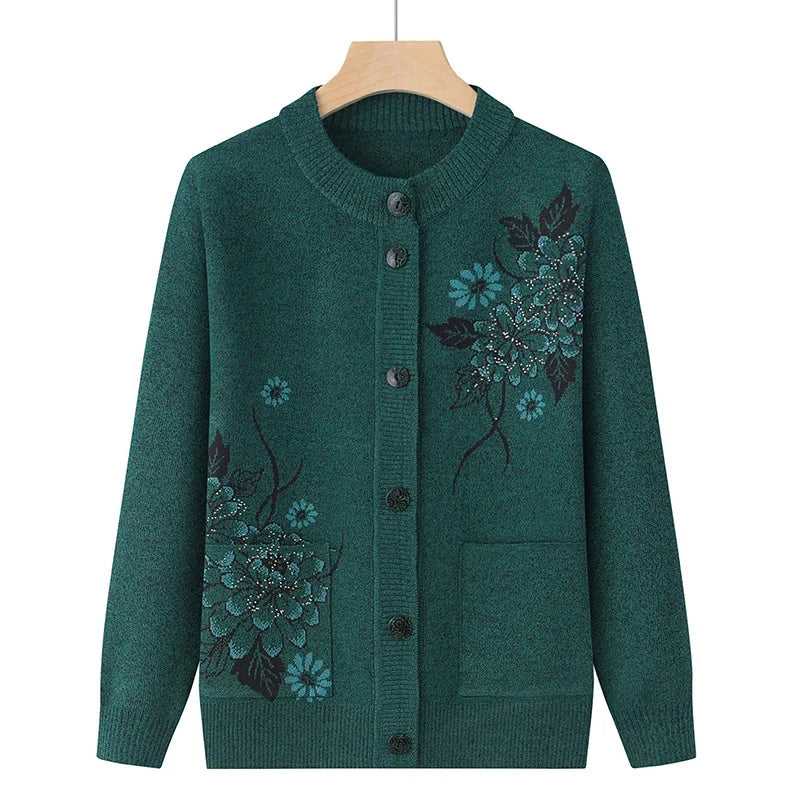 Korean Women's Clothes New Knit Woolen Printed Cardigan Coat Middle Aged Mother Knitwear Tops Vintage Grandma Sweater Jacket