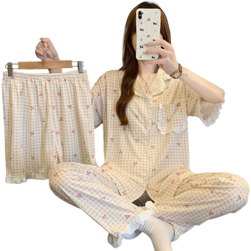Women's Pajamas Cherry Plaid Print Sleepwear Button Top Korean Casual 3 Piece Suit Pyjama Femme Nightwear Loungewear for Summer
