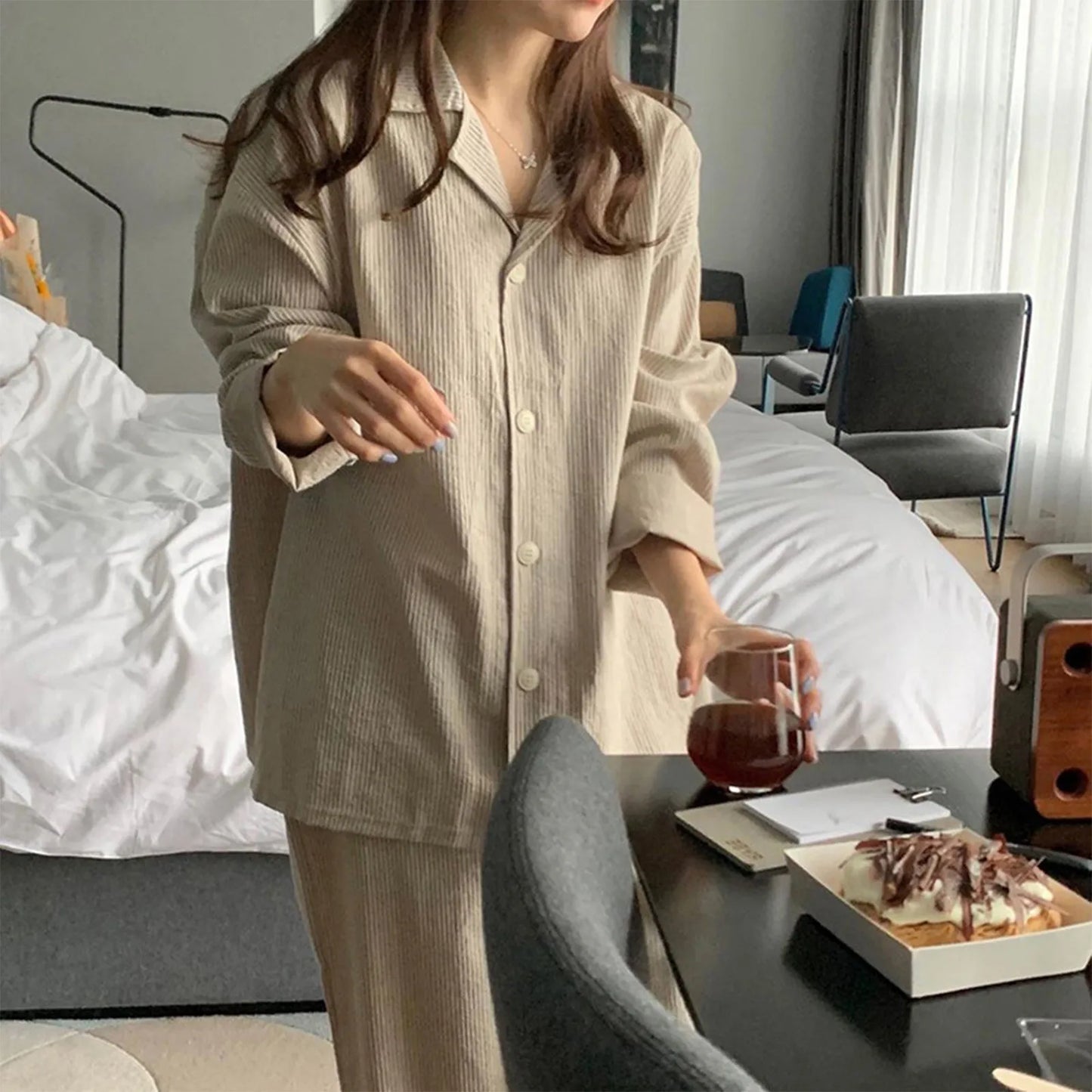 Striped Sleepwear Women Pajama Sets Korean Piiama Pants Sets for Women 2 Pieces Button Night Wears Long Sleeve Home Suit pigma