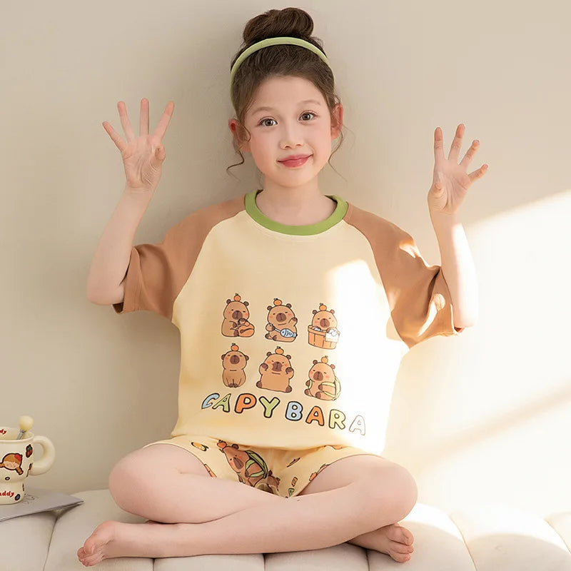 Capybara Pajama Sets 2025 Summer Teen Girls Cartoon Short Sleeved Tops Shorts 2pcs Kids Sleepwear Children Nightgown Loungewear