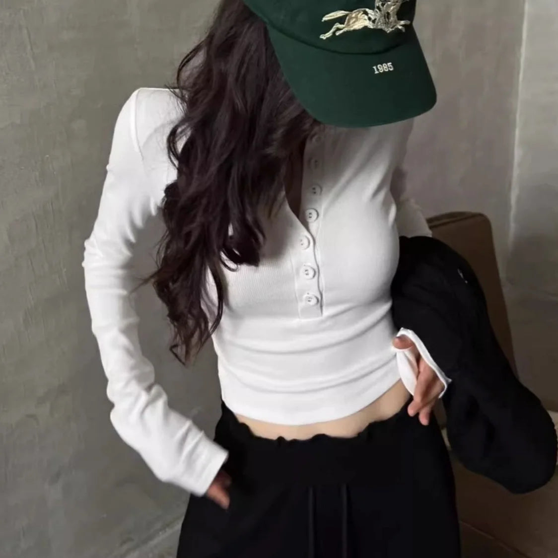 Polo Neck T Shirt for Women Sexy Crop Top Button Long Sleeve Woman Tshirt Slim Black Youthful Elegant Synthetic Aesthetic Luxury