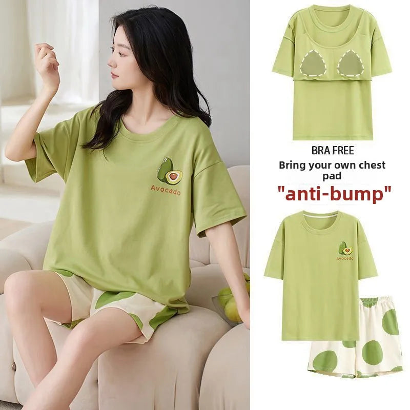 Pijama Set Women Short Sleeve Pullover Sweet with Chest Pads Cartoon Student Casual Home Plus Size Ladies Romantic Sleepwear