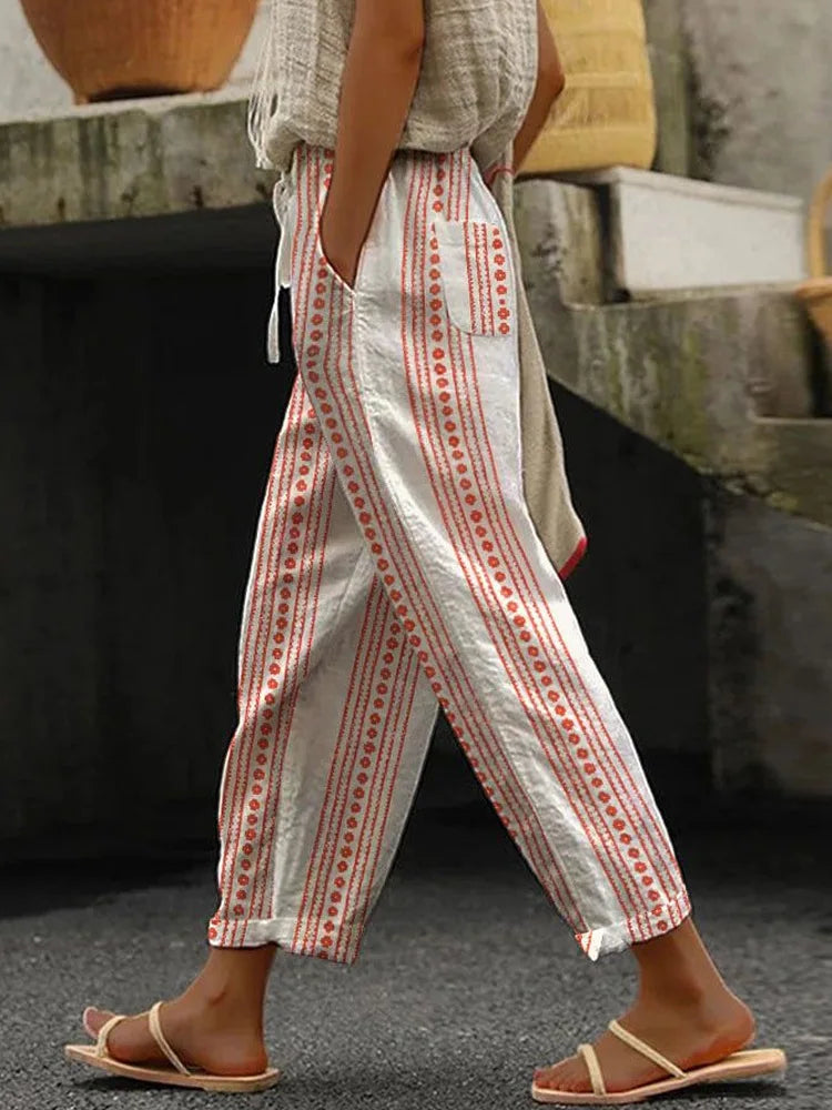 Women Pants New Summer Autumn Boho Style Sleepwear Wide Leg Pants High Waist Casual Female Calf-Length Clothes Loose Trousers