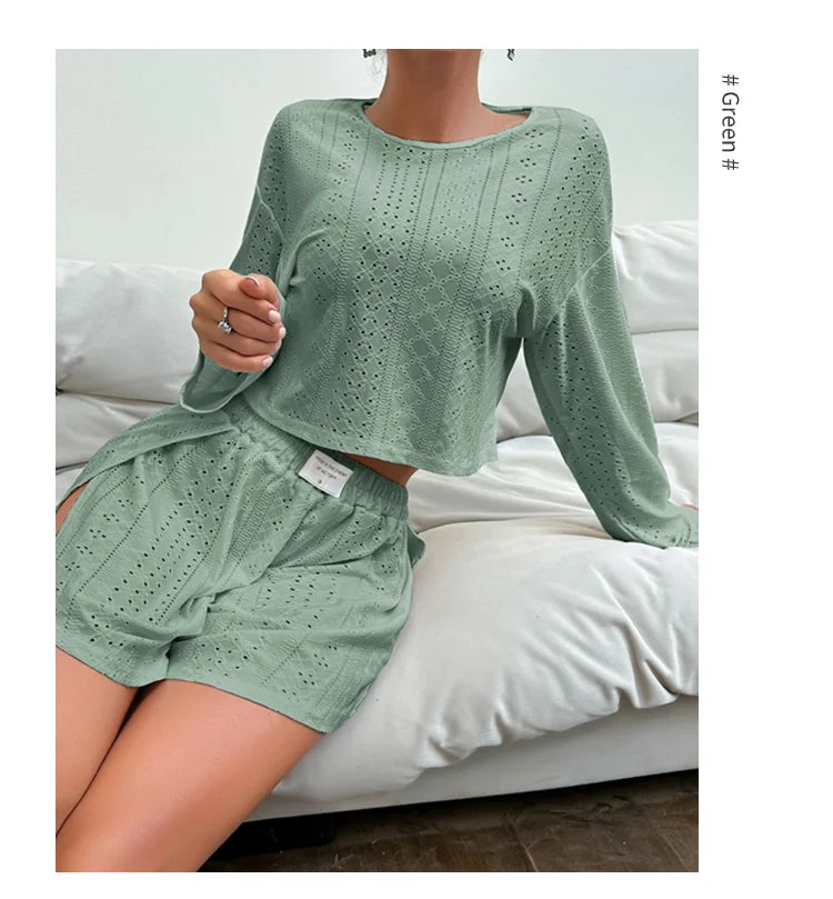 Women's Pajamas Set Sleepwear Loungewear Autumn Soft Comfortable Long Sleeve Tops With Shorts Pyjama Femme Home Clothes 2 Piece