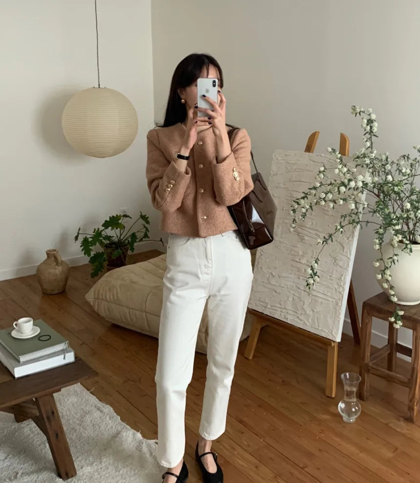 Women Autumn Winter 2025 French Vintage Coat Temperament High Quality Korean Casual Single Breasted Slim Tweed Jackets