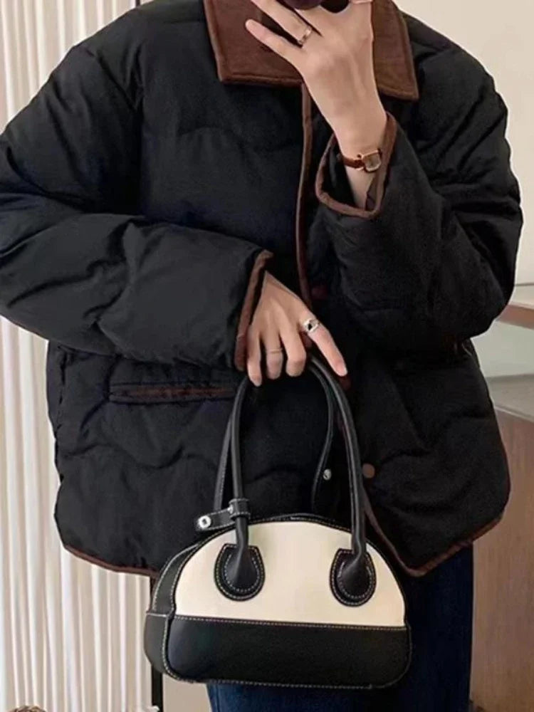 Women Casual Down Coats Korean Fashion Cotton Padded Jacket Female Autumn Winter Long Sleeve Single Breasted Warm Solid Coat