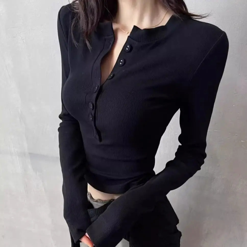 Polo Neck T Shirt for Women Sexy Crop Top Button Long Sleeve Woman Tshirt Slim Black Youthful Elegant Synthetic Aesthetic Luxury