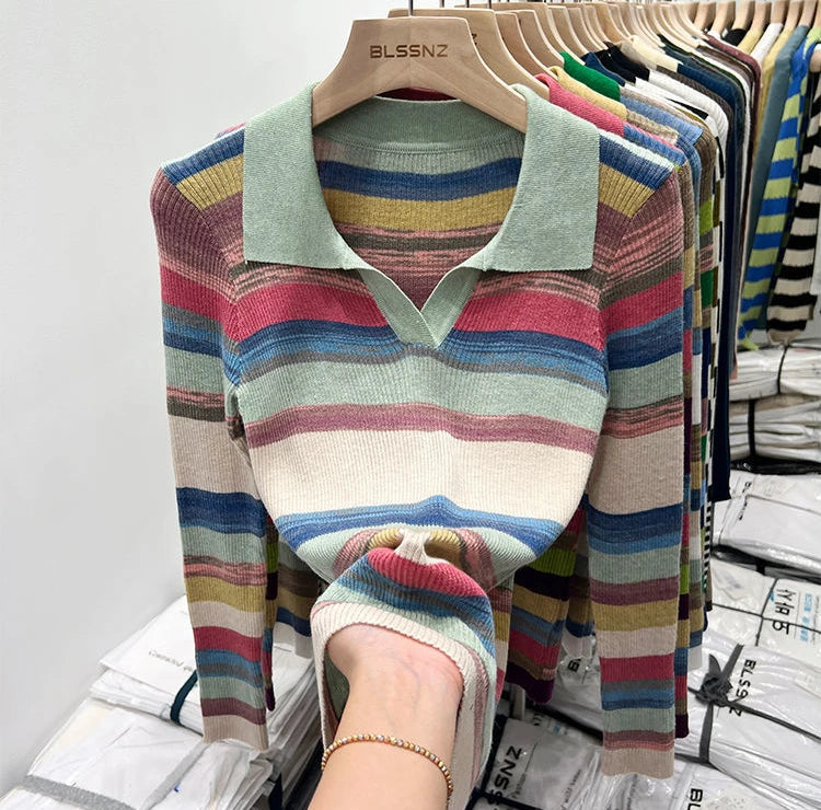 Polo Neck Shirts For Women Long Sleeve Tops Striped Clothing Knit Youth Offer Chic Elegant Summer 2024 T-shirt Woman Cotton New