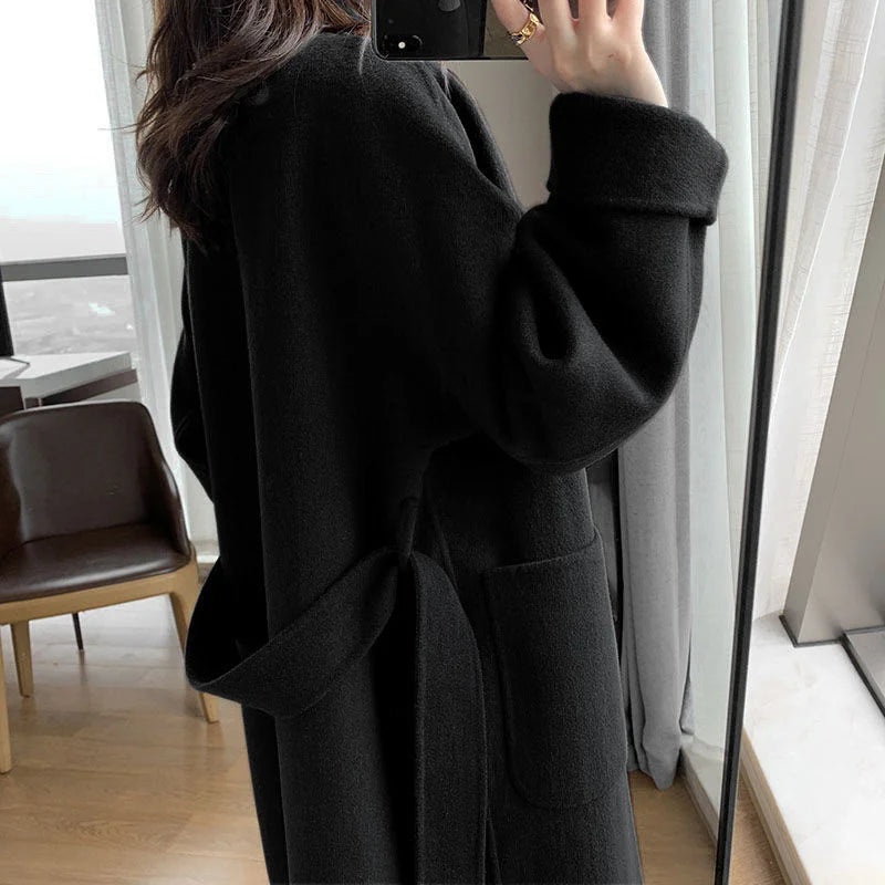 Women‘s Coat Winter Korean Fashion Long Coated Thickened Woolen Winter Coat for Women Black Coat Harajuku