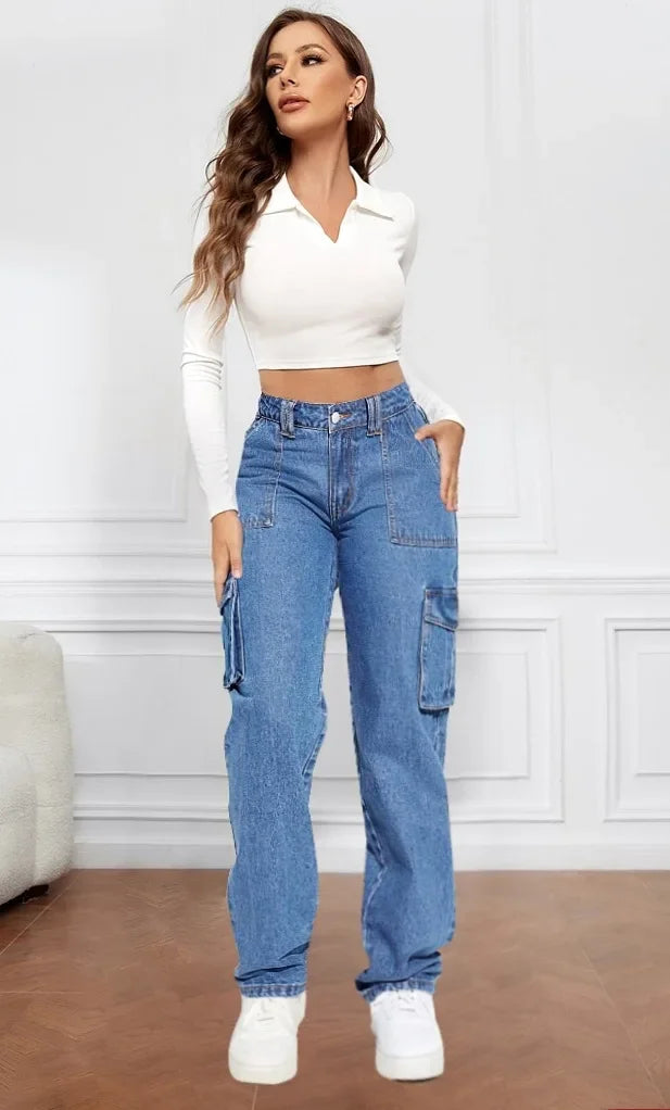 American Retro Mid-waist Multi-pocket Cargo Pants Jeans, Women's Casual Loose Straight Long Pants, Patchwork Jeans,Spring Autumn