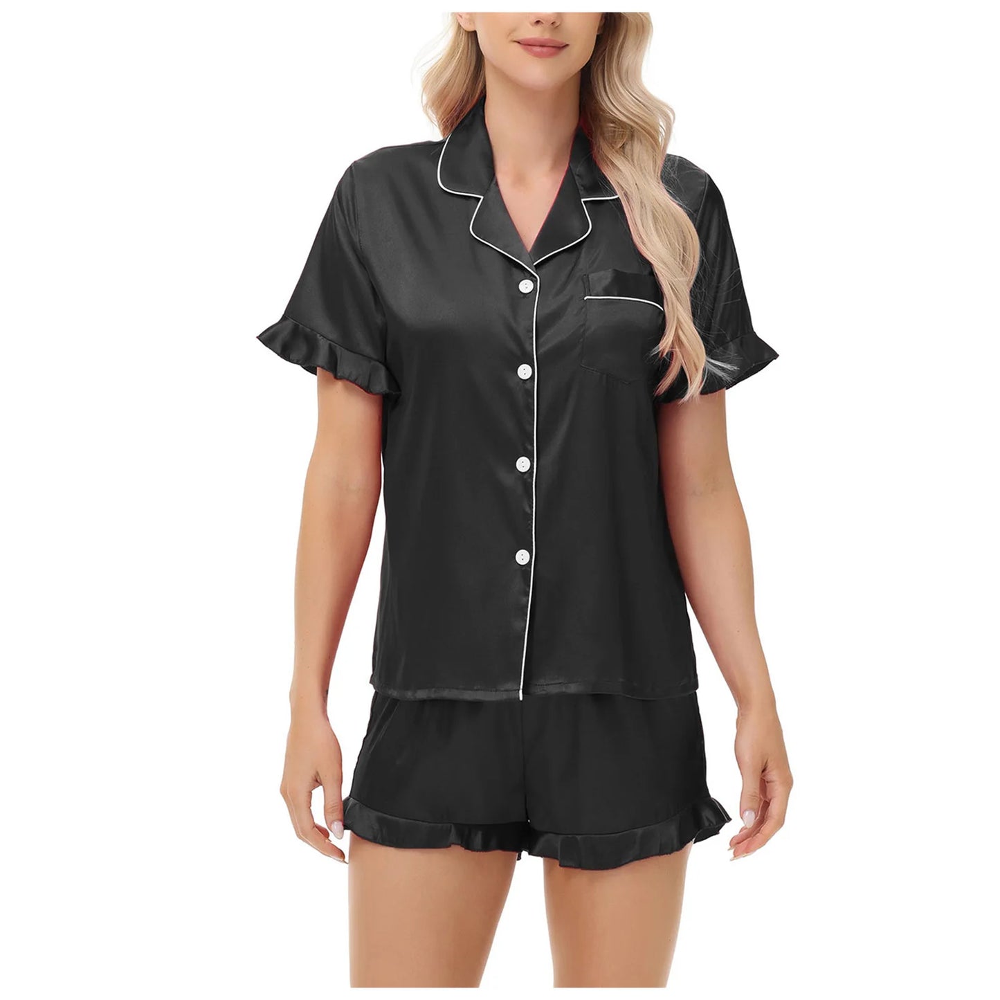 Luxurious Short Sleeve Satin Pajama Women Daily Home Wear Sleepwear Imitation Silk Lounge wear Button-Up Lapel Collar Nightwear