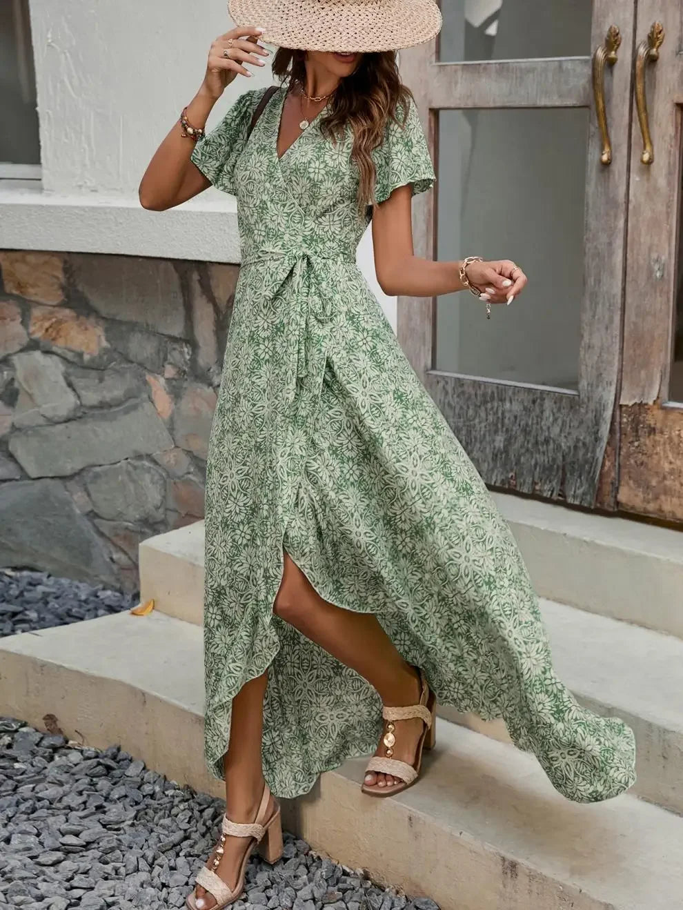 New Summer Women's V-neck Print Short-sleeve One-piece Belted Dress Beach Vacation Style Midi Skirt Regular Waistline