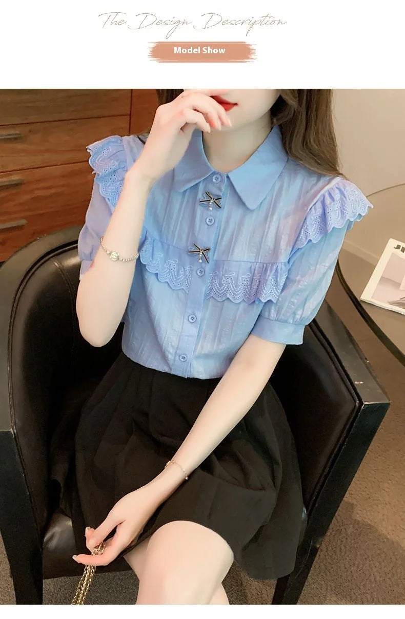Summer Dress Women's Shirt T-Shirt New Women's Shirt Cotton Shirt Women's Foreign Design Sense Niche Short Sleeve Lace Top