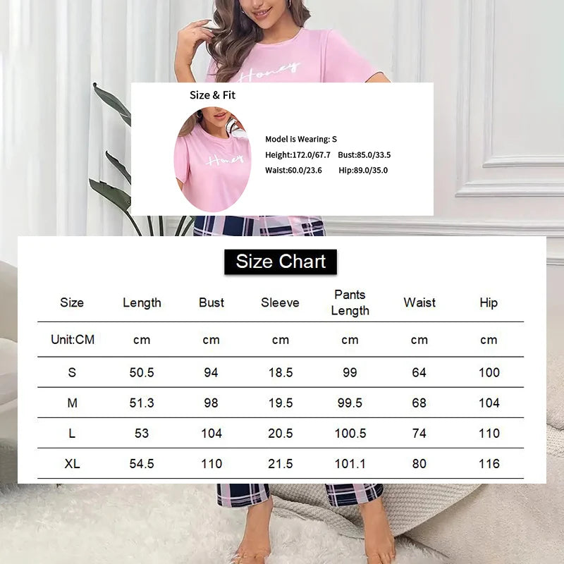 Women's Pajama Pj Set Letter Print Short Sleeve Top & Plaid Print Pants with Bow Details Casual Sleepwear for Adults All Seasons