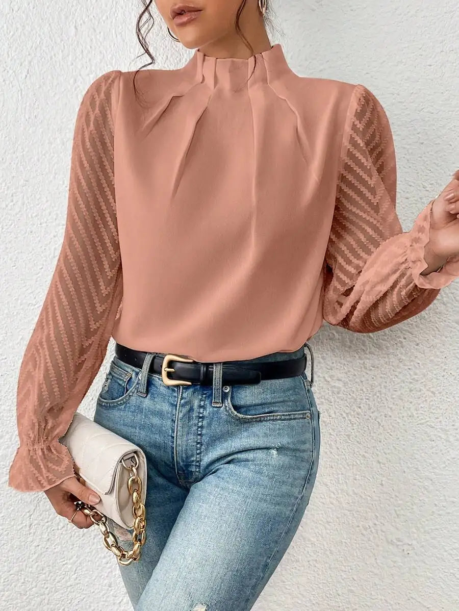Elegant Women's Shirt Office Lady Blouse 2023 Autumn Half High Collar Panel Wave Chiffon Long Sleeve Top Women's Shirt S-XXL