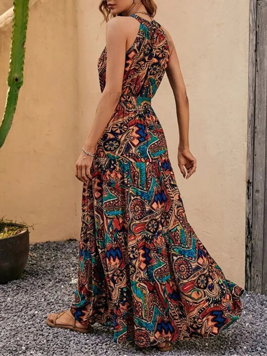 Women's Dress Elegant Print Sleeveless O-neckhalter Off Shoulder Dresses Vintage Waistlace Up Boho Women Long Dress Vestidos