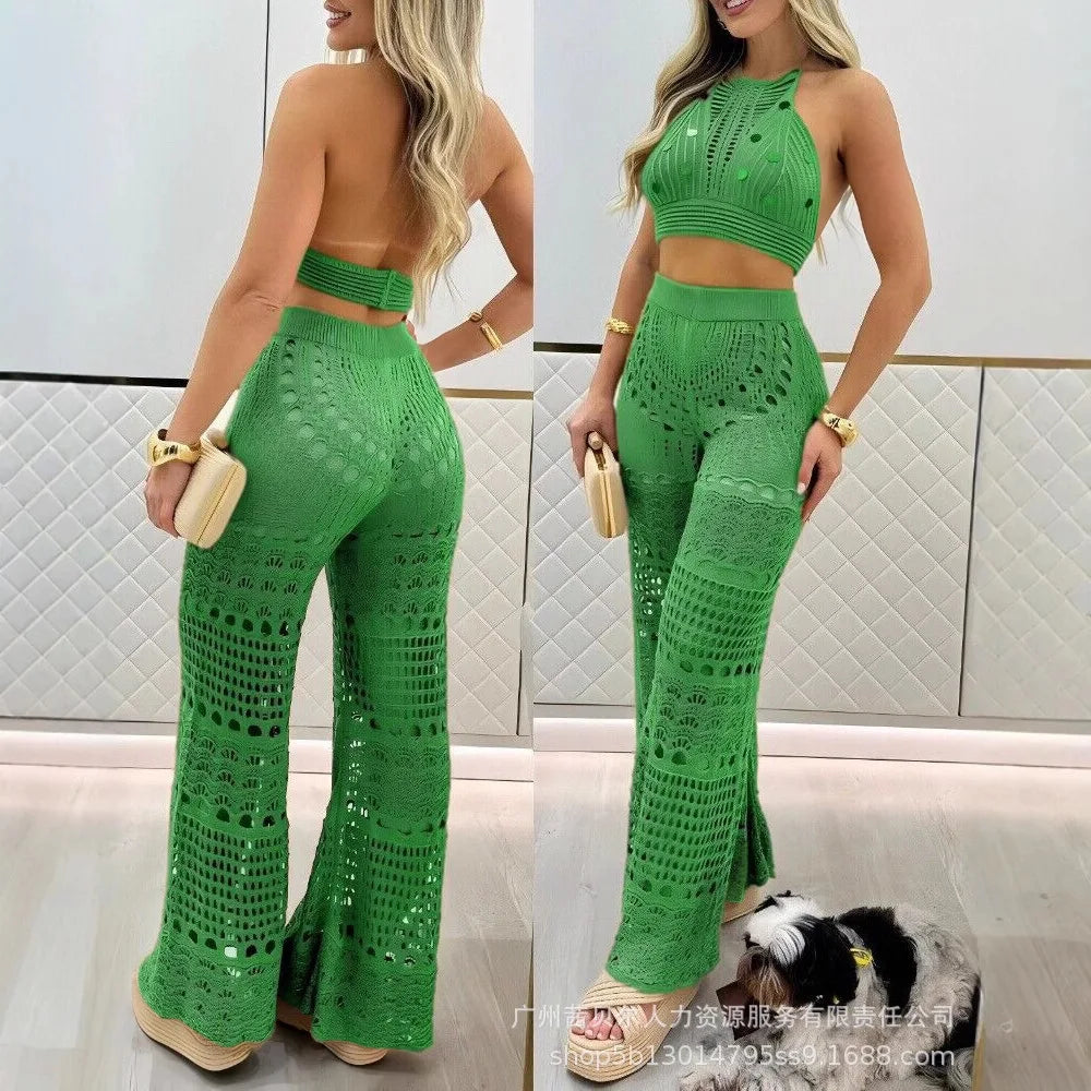 Pant Set Women Two Piece Sets Backless Matching Sets Short Tops Beach Knitted Hollow Out Wide Leg Long Pants High Waist Summer
