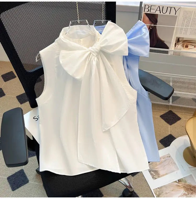 White Blouse for Women 2025 Blusas Mujer De Moda Bandage Bow Sleeveless Loose Shirts Fashion Sweet Summer Blouses Tops Female