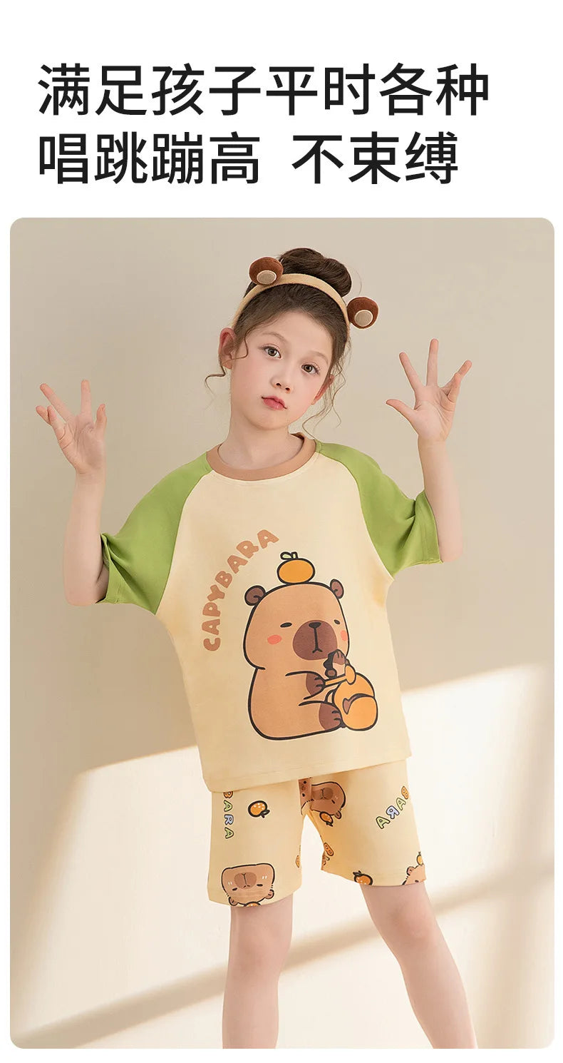 Capybara Pajama Sets 2025 Summer Teen Girls Cartoon Short Sleeved Tops Shorts 2pcs Kids Sleepwear Children Nightgown Loungewear