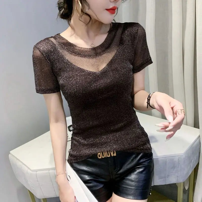 Summer Women Clothing 2025 New Half-sleeved Fashionable Short-sleeved T-shirt Hollow Mesh Top Lace Pullover