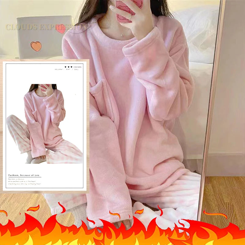 Autumn Winter Flannel Women's Pajamas Sets Polka Dots Printed Teddy Sleepwear Velvet Homewear Kawaii Girsl Pijamas Mujer Pyjama