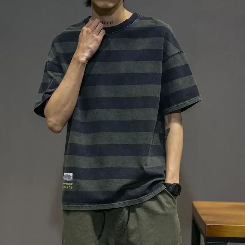 T Shirt for Men Striped Top Blue Loose Man Tee Shirts Vintage Clothing Baggy Basic Harajuku Casual Short Quarter Sleeve Kpop Hot