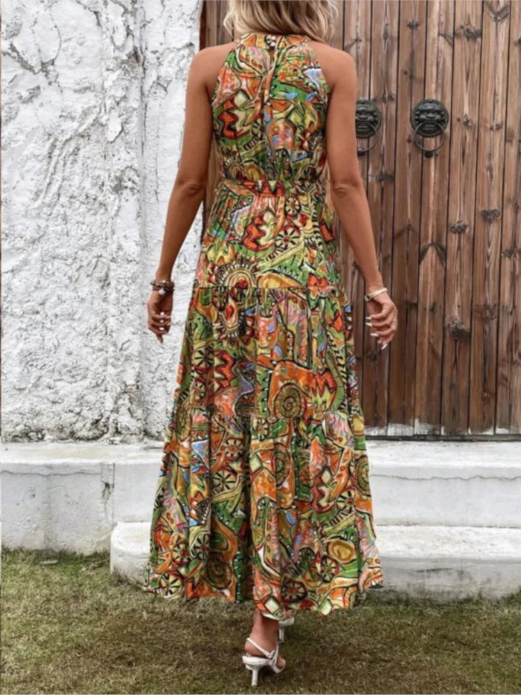 Women's Dress Elegant Print Sleeveless O-neckhalter Off Shoulder Dresses Vintage Waistlace Up Boho Women Long Dress Vestidos