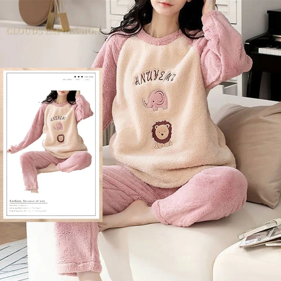 Autumn Winter Flannel Women's Pajamas Sets Polka Dots Printed Teddy Sleepwear Velvet Homewear Kawaii Girsl Pijamas Mujer Pyjama