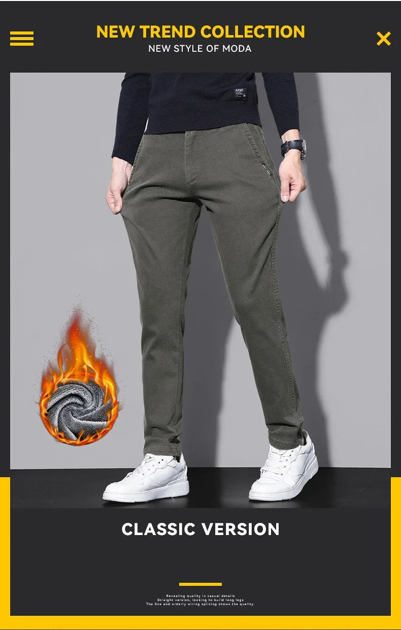 Brand Fleece Pants Forr Men Winter New Warm Cotton Elastic Waist Korean Fashion Twill Straight Plush Trousers Male