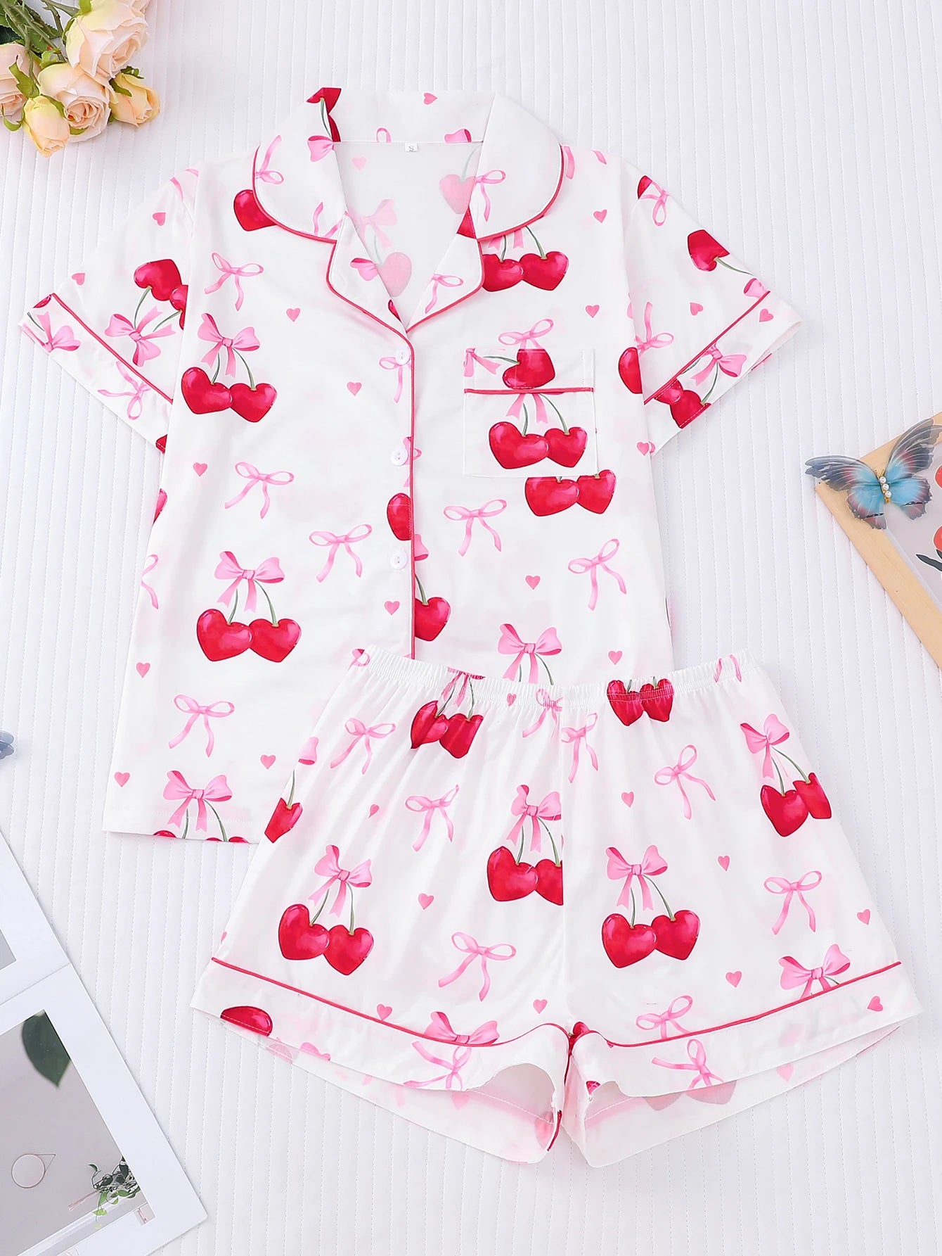 Women's 2-Piece Elegant Cherry Bow Print Pajama Set Short Sleeve Button Shirt Stretchy Shorts Party Sleepwear Loungewear