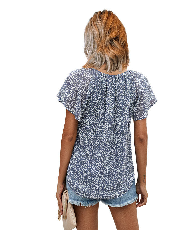 Women Blouses Butterfly Short Sleeves Shirt Summer Bow Lace Up Polka Dot Female Tops Ruffle Pullover Vintage Blusa